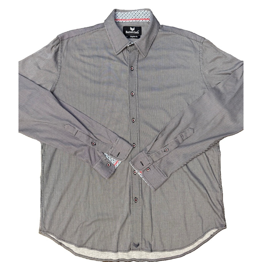 Buttercloth Gray Black Textured Stretch Button Up Shirt L Soft Luxury Casual